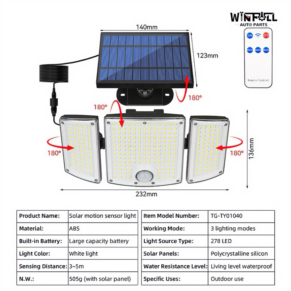 278 LED Solar Panel Lighting IP65 Waterproof Outdoor Light